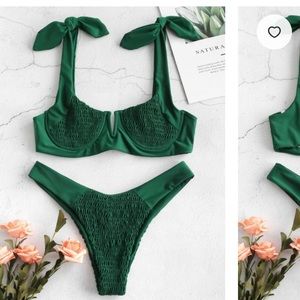 Zaful Dark Green Smocked Bikini S